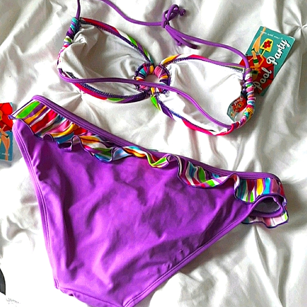 New Multi Color Bikini Top & Ruffle Bottom Rainbow Purple - Picture 4 of 5